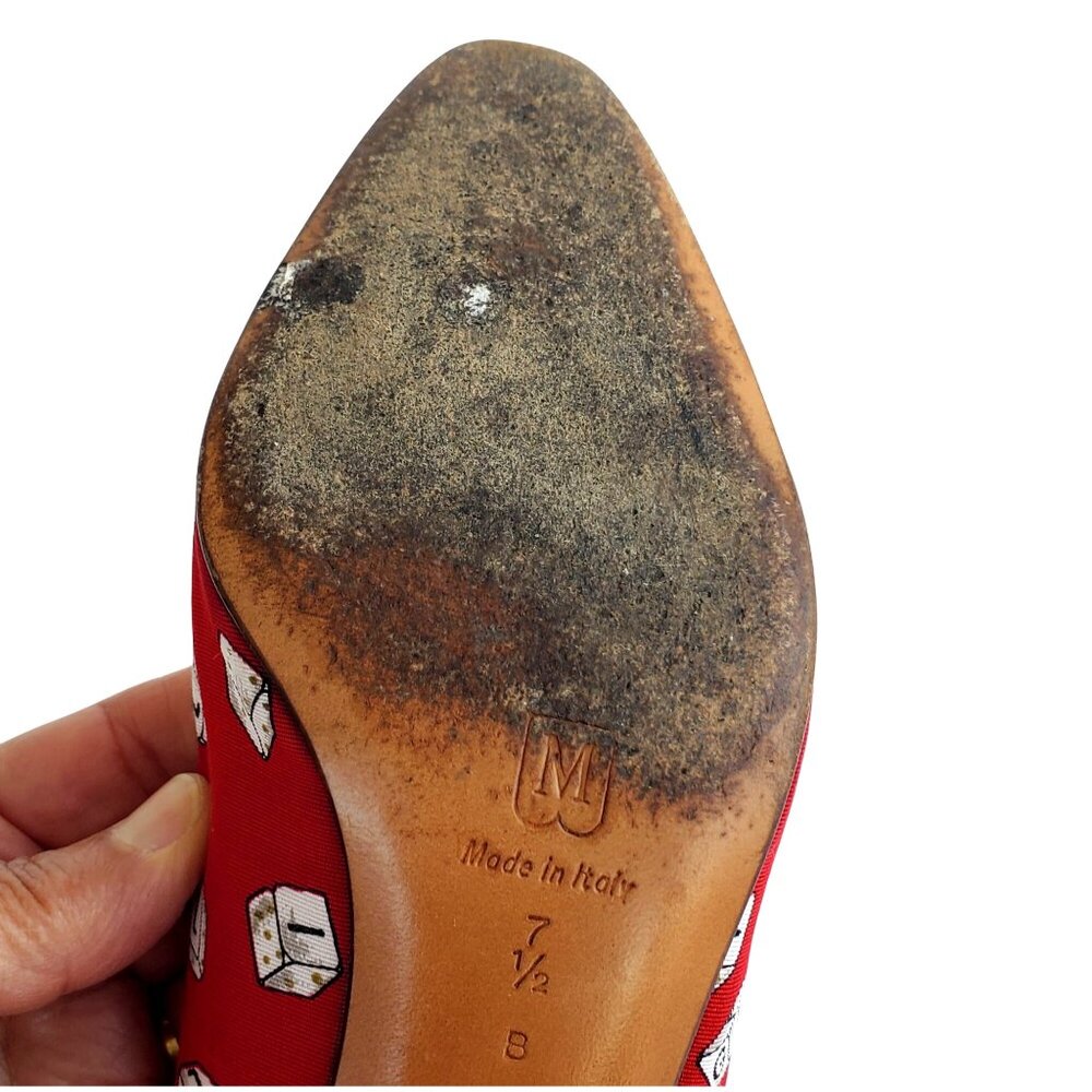 Bruno Magli 80s Vintage Red Heels 7.5 Novelty Dice Leather Canvas Rare Italy - Picture 11 of 14